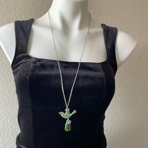 Silver Tone Necklace with Cloisonné Dove Pendant and ❤️ Charm with Tassel